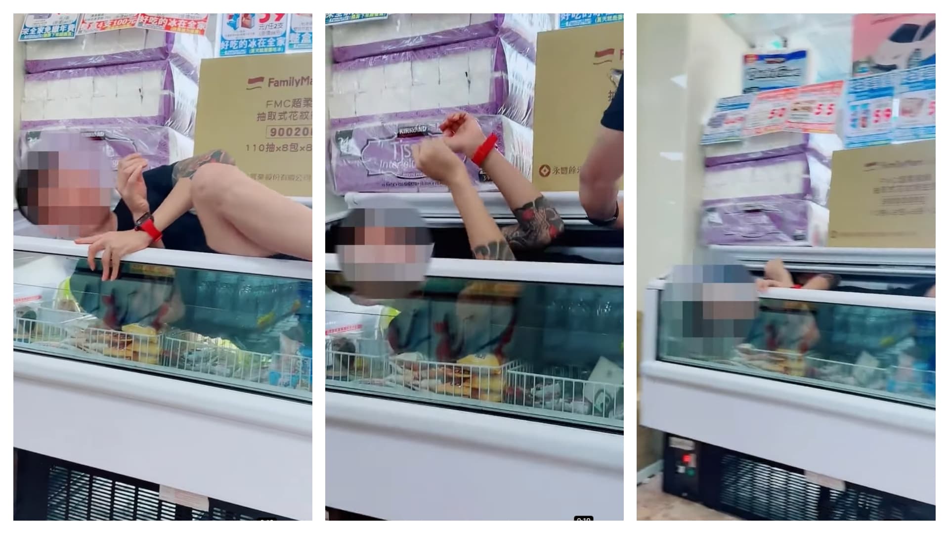 刺青黑衣男躺進冰品櫃裡後,與友人都一度想把冰品櫃的門關上。(翻攝自記者爆料網 2.0 YouTube)