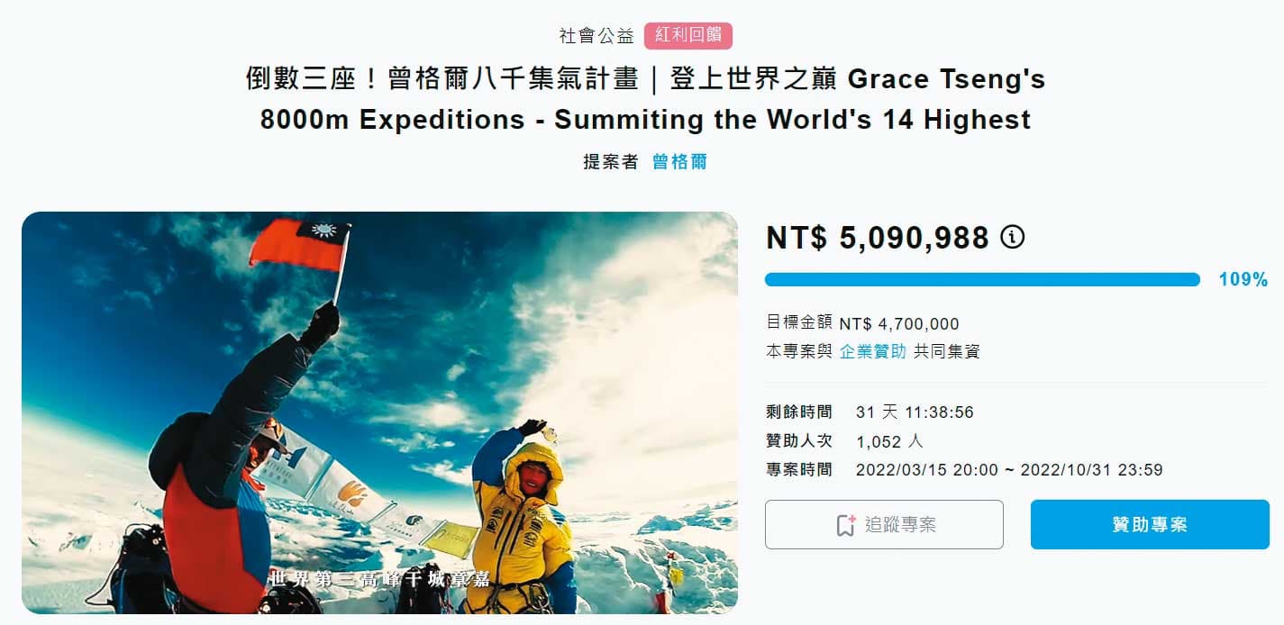 曾格爾為完成攀登14座8千公尺山峰最年輕登山者的目標,發起群眾募資,目前已募資到5百多萬元。(翻攝wabay挖貝募資平台)