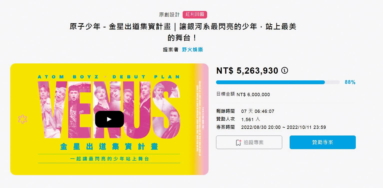 金星出道募資計畫,目前金額已經累積到500多萬元。(翻攝自金星出道募資計畫官網)