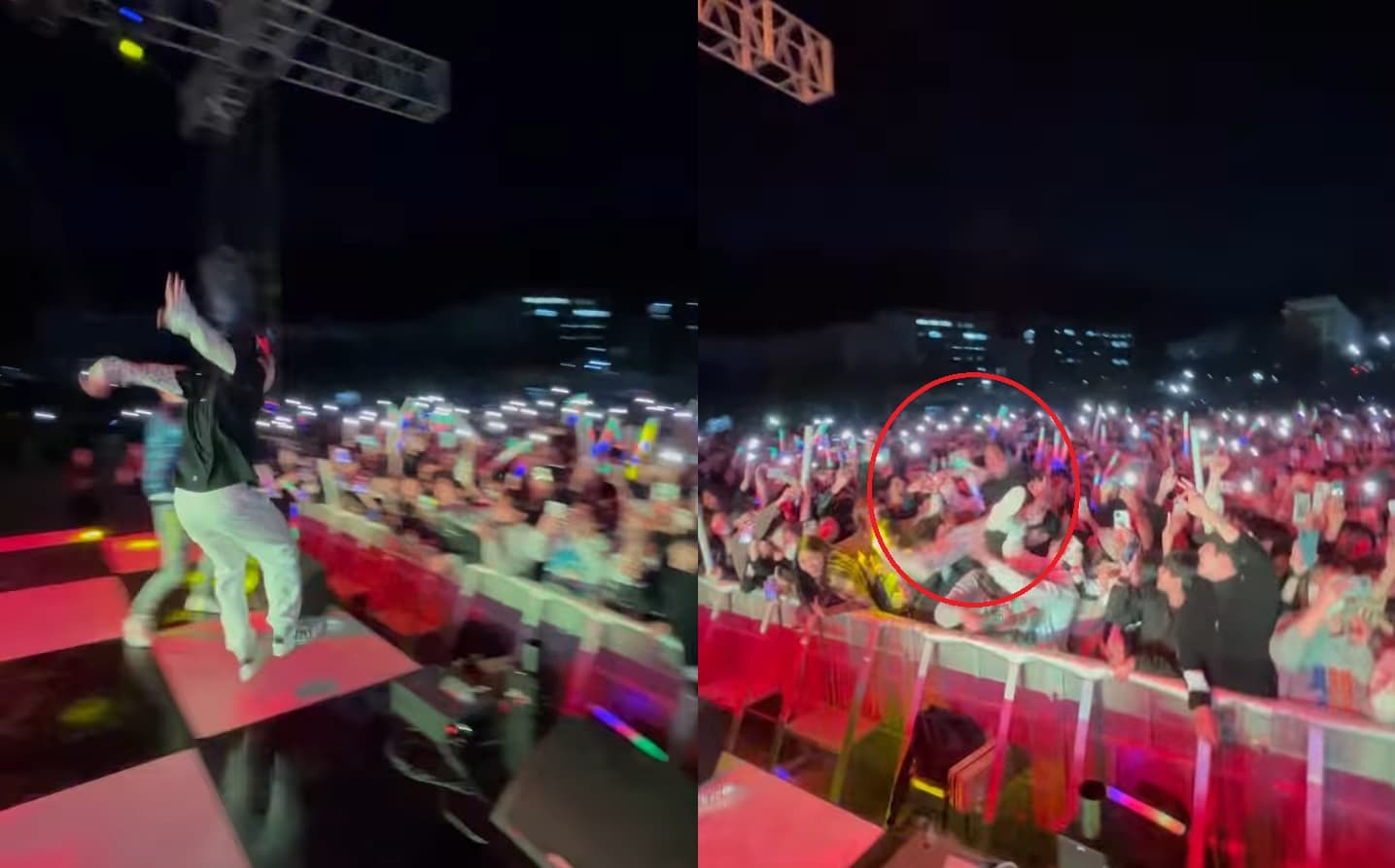 UNEDUCATED KID從舞台上跳向觀眾席,但觀眾都沒有接住他。(翻攝自UNEDUCATED KID Instagram)