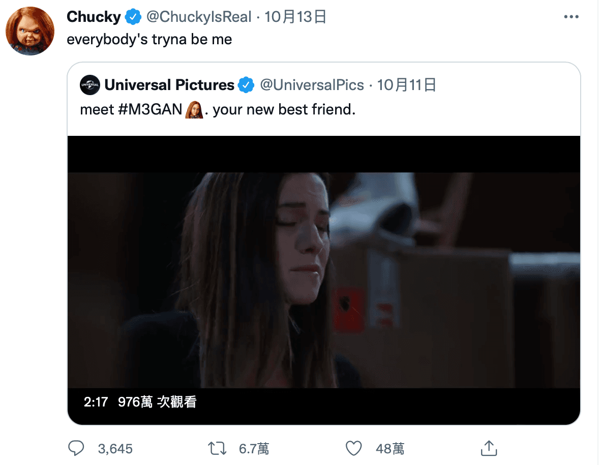 恰奇轉貼《窒友梅根》:「大家都想學我。」(翻攝自Chucky官方推特)