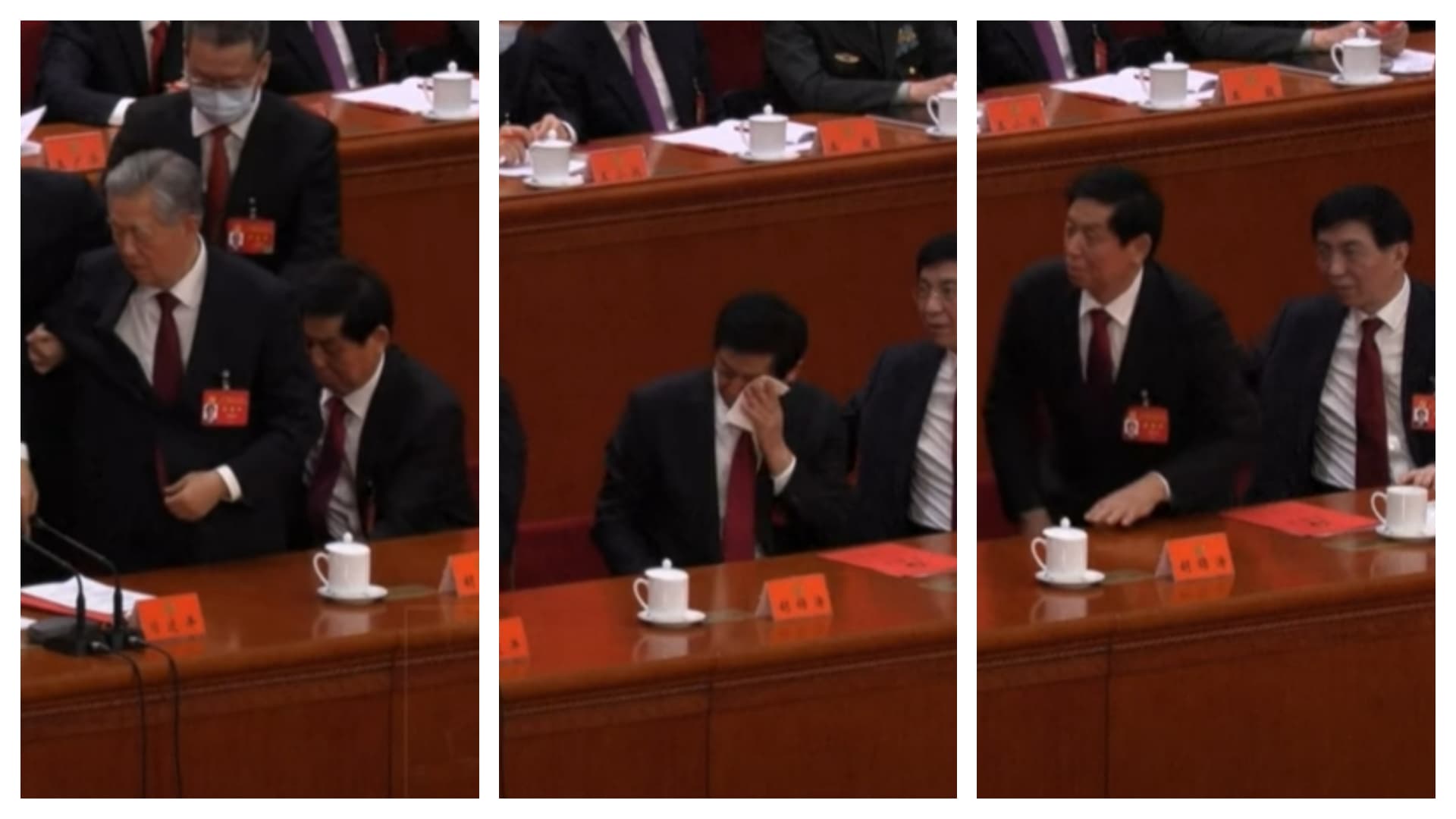 坐在胡錦濤旁邊的栗戰書顯得相當不安，想起身也被一旁的人阻止。（翻攝自AFP News Agency　YouTube）