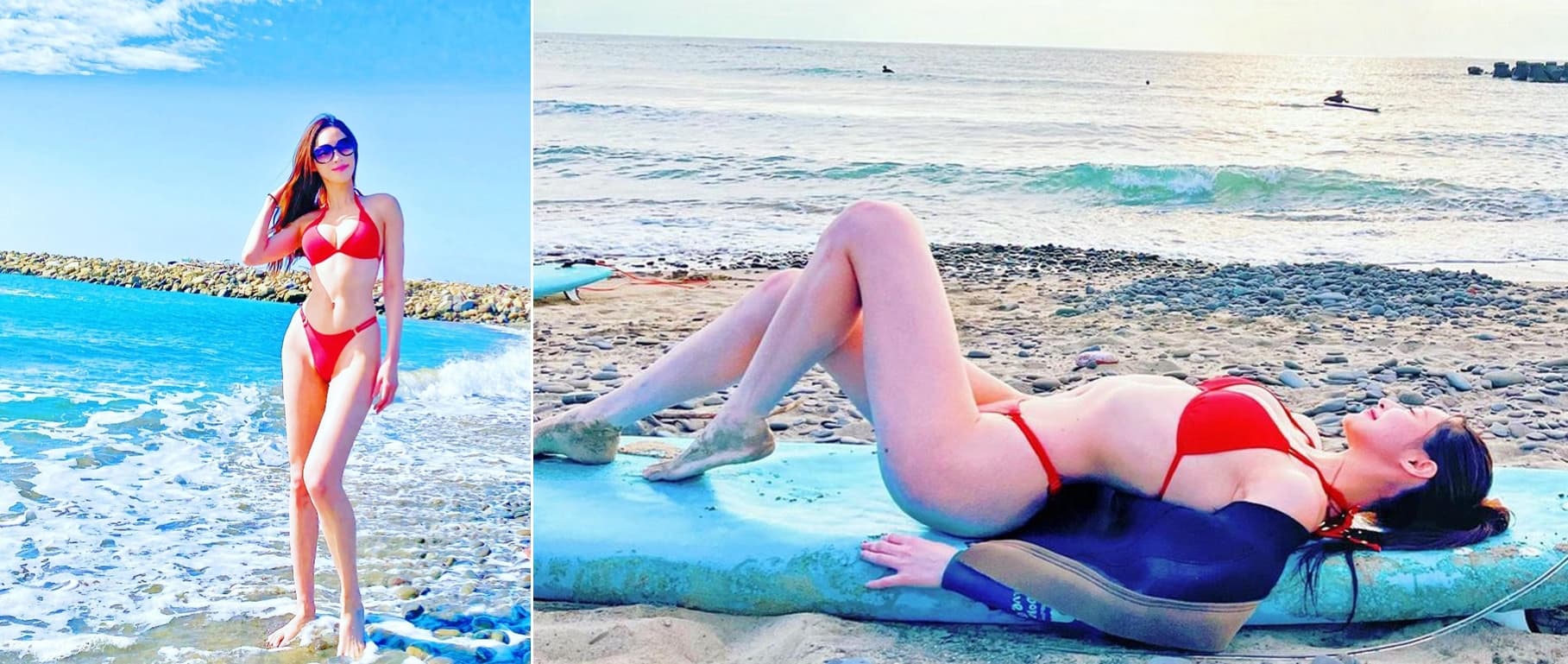 傅靖瑜在海邊踏浪,穿高衩比基尼泳裝大秀筆直美腿,並躺在衝浪板上拍照展現S曲線。(翻攝IG @miss.becky.lawyer、傅靖瑜臉書)