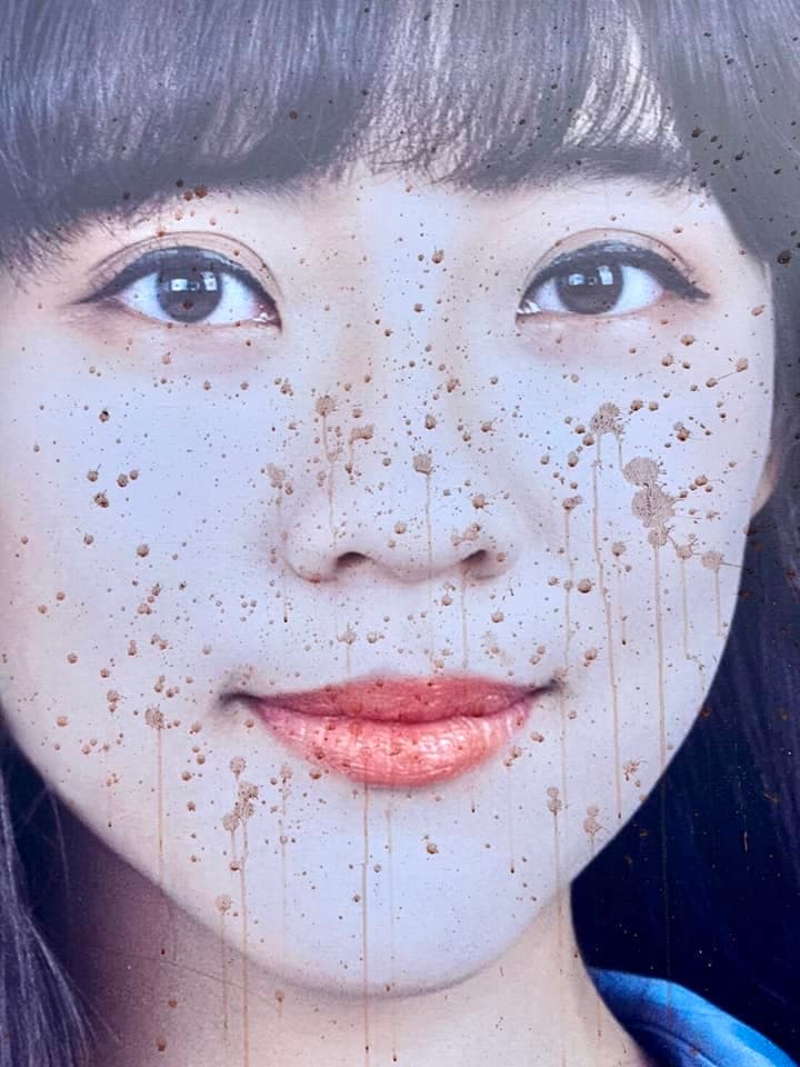黃捷的選舉廣告臉部被亂噴檳榔汁,害她的整張臉都花了。(翻攝自黃捷 高雄市議員臉書)