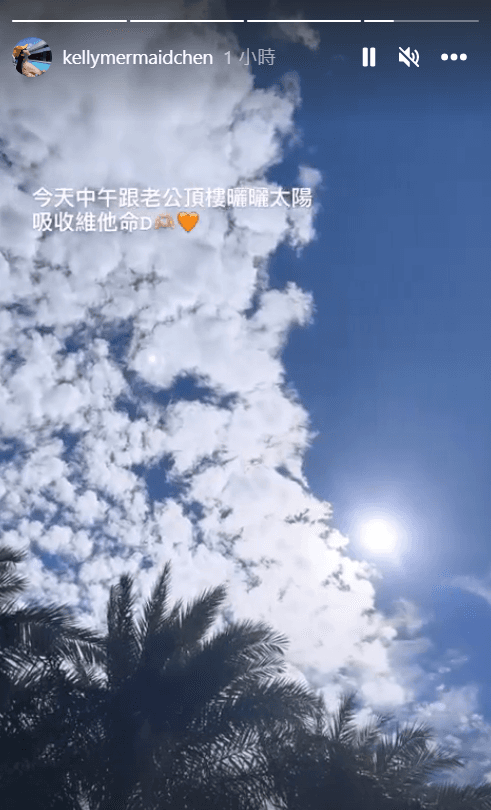 陳若儀也在IG限動發照片,透露和林志穎一同在頂樓曬太陽。(翻攝陳若儀IG)