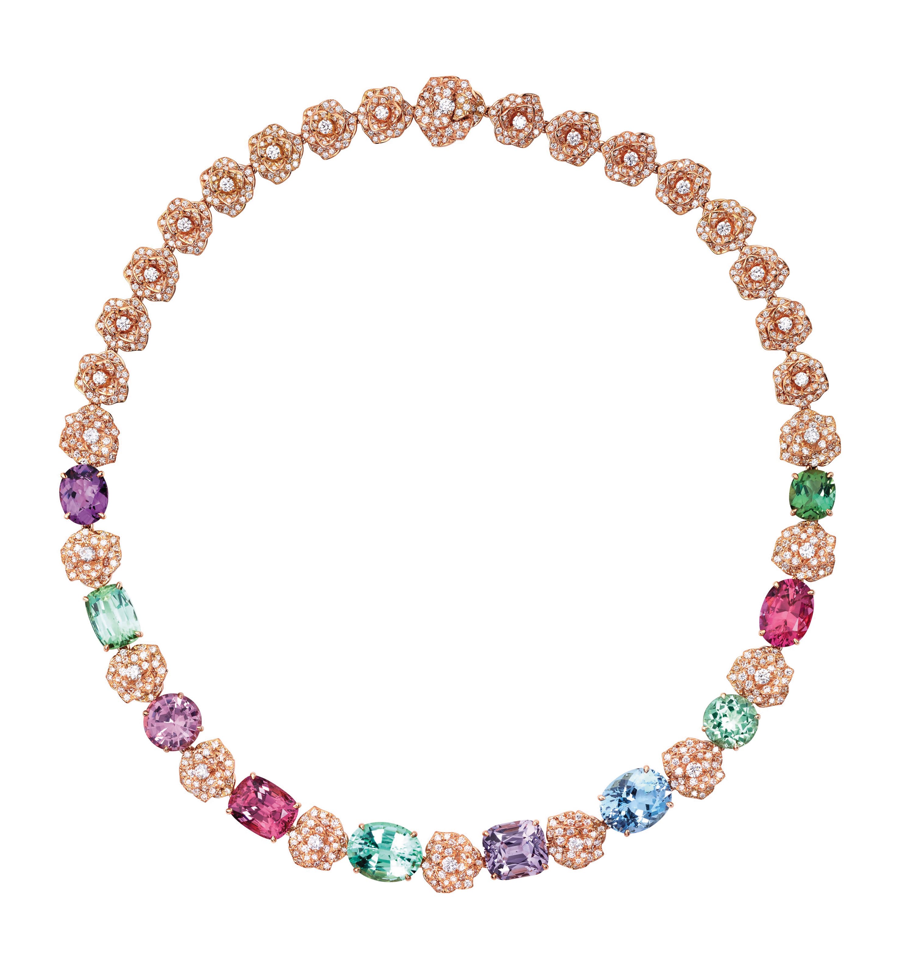 PIAGET Mediterranean Garden系列18K玫瑰金頂級珠寶彩色寶石及鑽石項鍊 約NT$8,000,000(PIAGET提供)