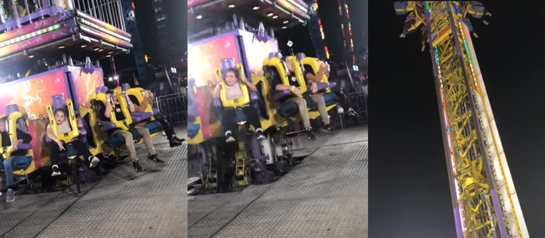 女童察覺工作人員未幫她扣上胯下安全帶,當設施啟動上升時露出驚恐表情。(翻拍YouTube頻道「WKRG」)