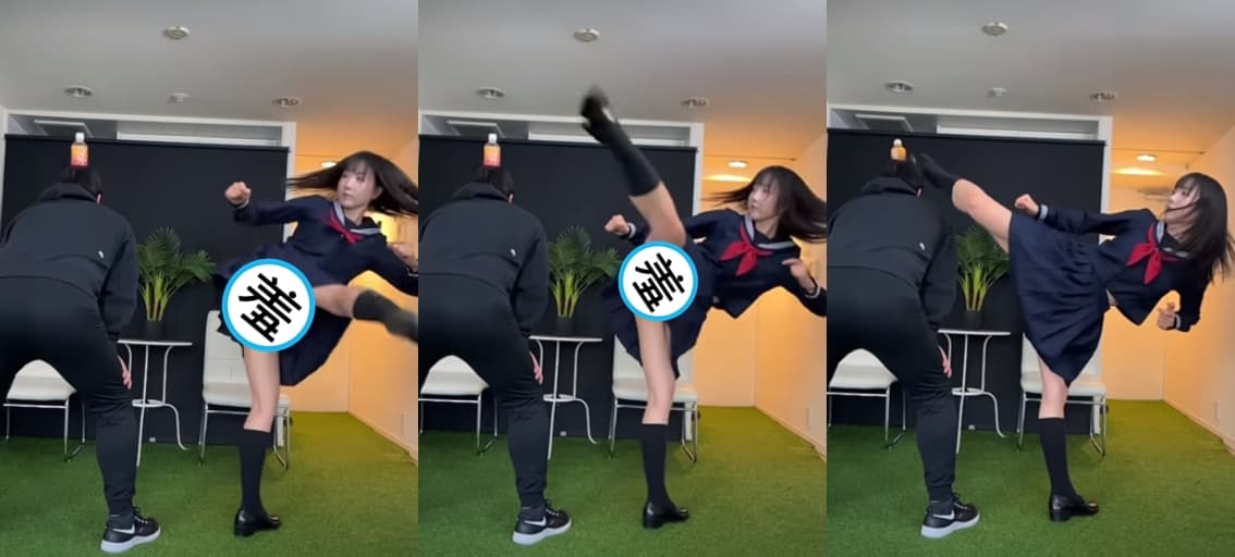 一名穿高校制服正妹使用迴旋踢將另名男子頭上的瓶子踢掉,走光露出令人害羞的「小褲褲」。(翻攝YouTube頻道「링고LYN」)