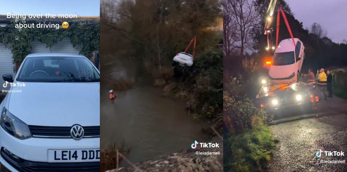 英國少女萊亞原本在網路炫耀買新車,沒想到新車上路一天就衝到湖中便泡水車,最後只能用起重機吊掛起來。(翻攝抖音@leiadarnell)