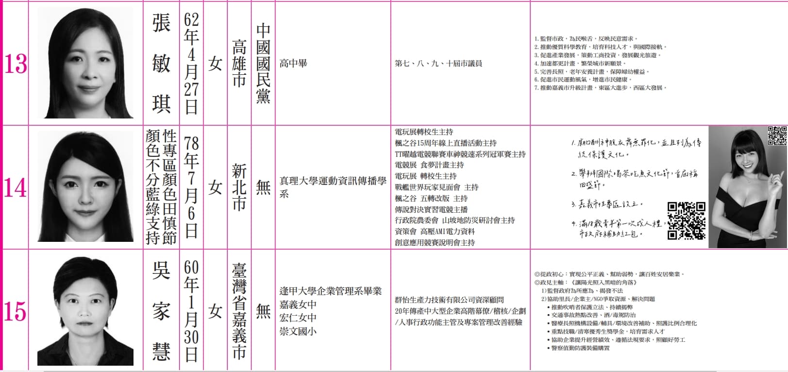 「顏色不分藍綠支持性專區顏色田慎節」在政見欄位放上低胸洋裝美照。(翻攝中選會網站)