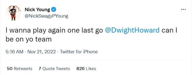 尼克楊公開發文問霍華德「我可以跟你同隊嗎」。(翻攝自推特@NickSwagyPYoung)