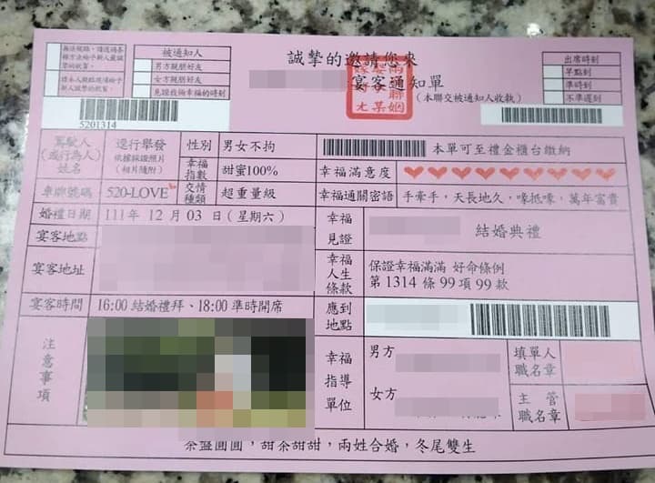 一對新人用罰單的款式設計喜帖。(翻攝自爆廢公社公開版)
