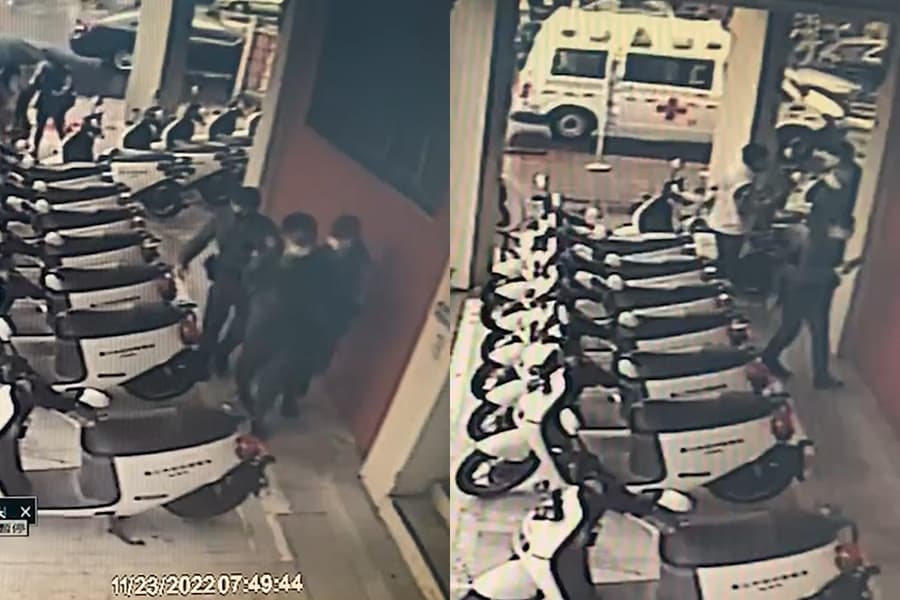 林婕麗遭攻擊後被救護車送走,施暴男子也被警方逮捕。(翻攝畫面)