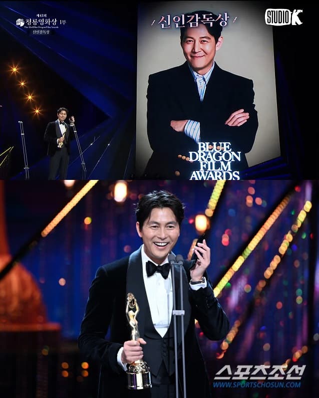 李政宰以《獵首密令》榮獲新人導演獎(上圖),鄭雨盛上台代領還當場打到英國連線。(上圖翻攝自直播畫面,下圖翻攝自朝鮮體育報)
