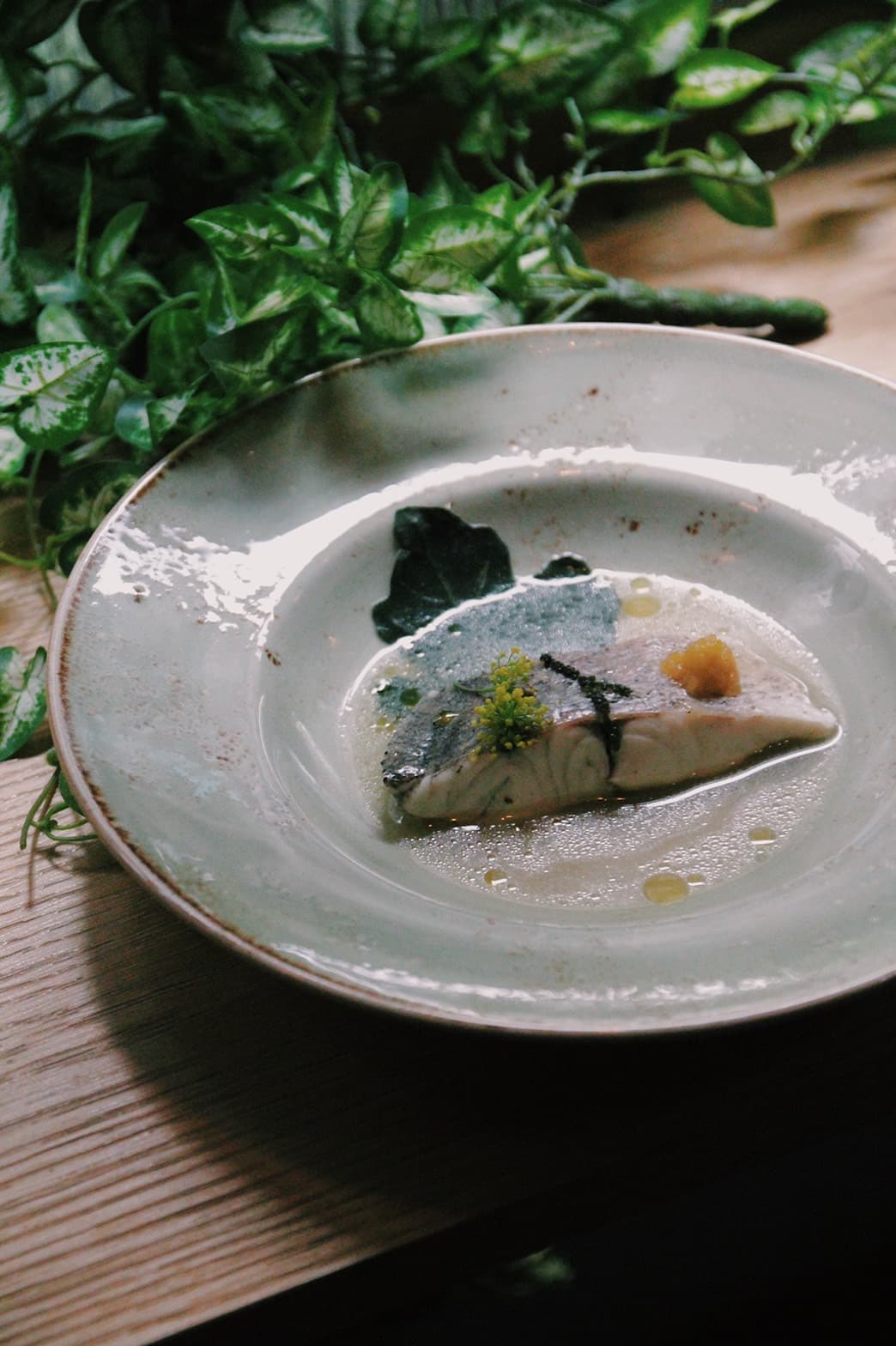 「Gin 海一杯」以酒入菜,清新酸香鳳梨果感呼應無花果葉香氣,魚肉細緻甘鮮。