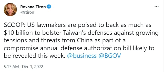 彭博記者爆,美國擬挹注100億美元提供台灣抵禦中國。(翻攝自推特@rtiron)