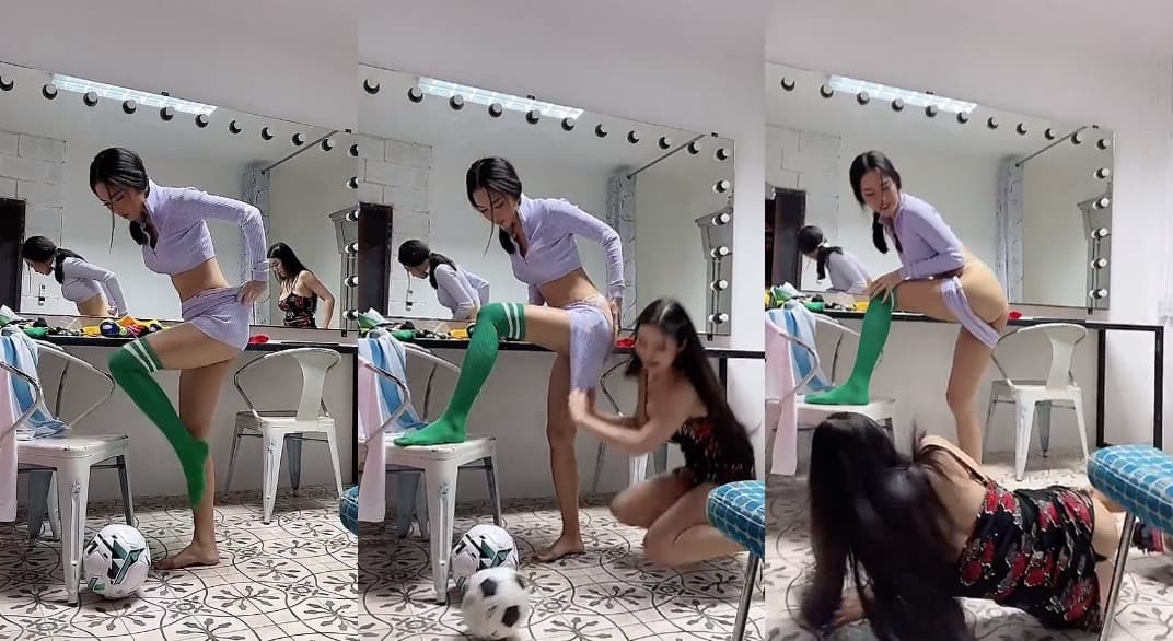 Thapani meemungtha在更衣室假摔扯掉換裝的女扮短裙,翹臀走光。(翻攝推特@baitongthapani)