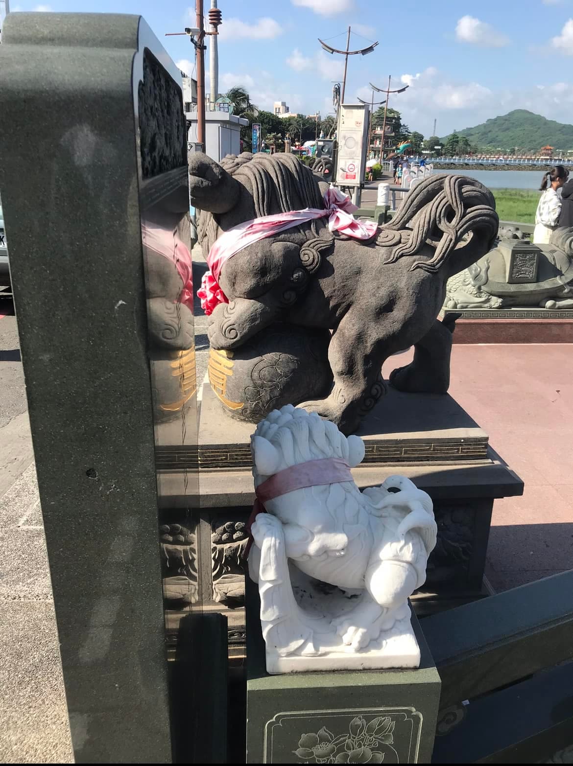 有網友發現蓮池潭的石獅子一黑一白,戲稱「防曬的重要性」。(翻攝自路上觀察學院)