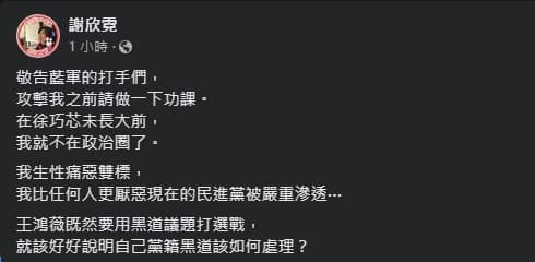 謝欣霓昨暗諷王鴻薇遭恐嚇是藍營自導自演,結果嫌犯落網後至今仍未道歉。(翻攝自謝欣霓臉書)