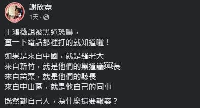 謝欣霓認為自己的猜想只是假設,重點仍是國民黨要先交代黨內具有黑道背景的人士。(翻攝自謝欣霓臉書)