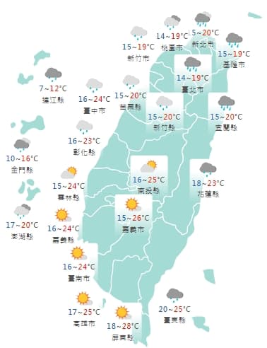 全台各地白日天氣狀況一覽。（中央氣象局提供）