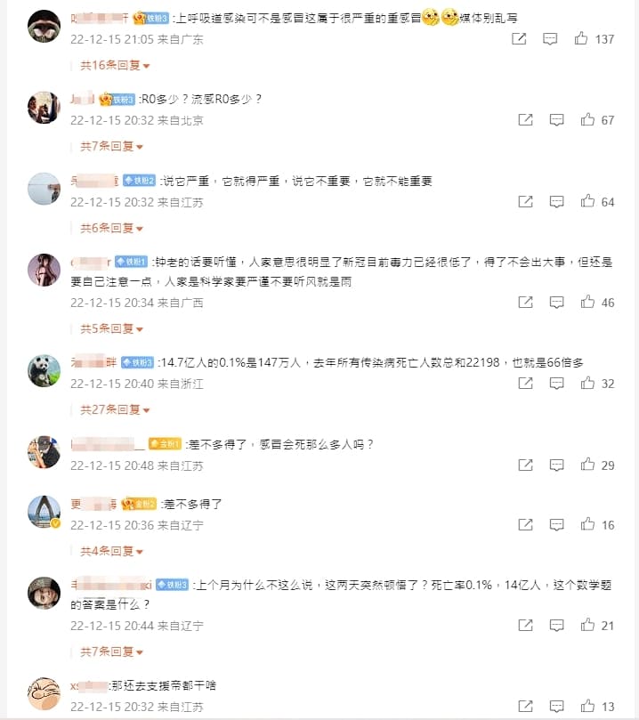 微博上不少網友吐槽鍾南山的說法。(翻攝自微博)
