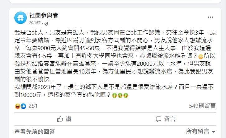 女網友嫌棄婚禮宴客辦流水席很沒面子。(翻攝匿名2公社)
