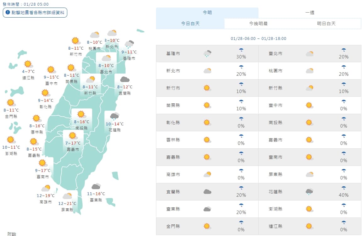 全台各地今日上午天氣狀況。(中央氣象局提供)