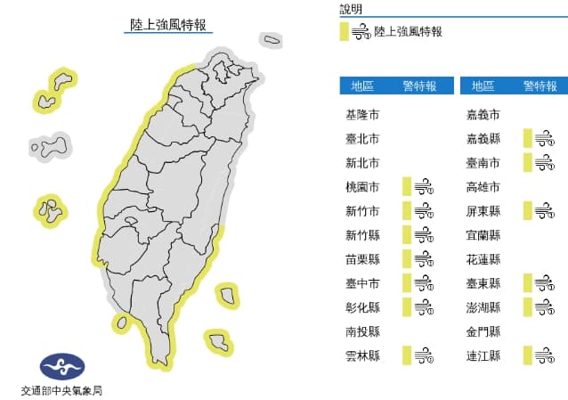 中央氣象局發布陸上強風特報。(中央氣象局提供)