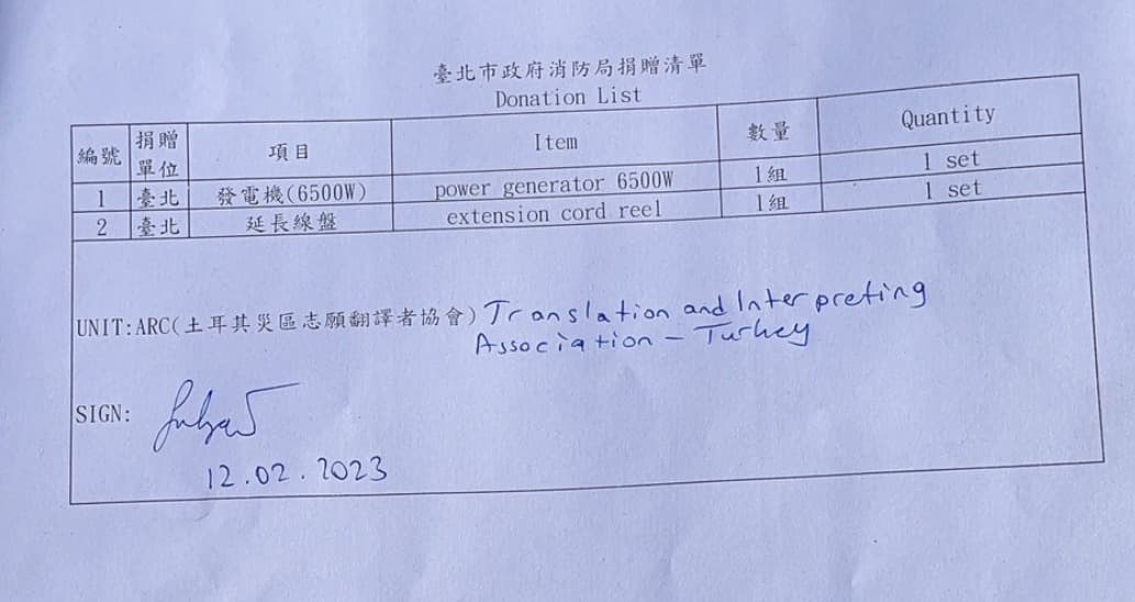 台北市搜救隊捐出發電機、延長線等救災重要器材。（翻攝自台北市搜救隊臉書）