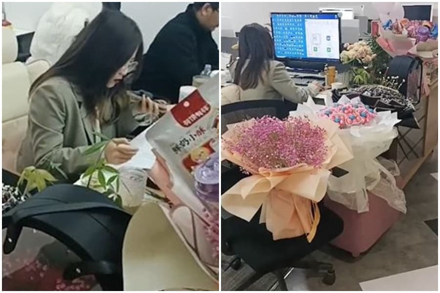 一名正妹OL情人節收到的禮物擠滿辦公室,甚至「有些禮物還在路上」。(翻攝自微博)