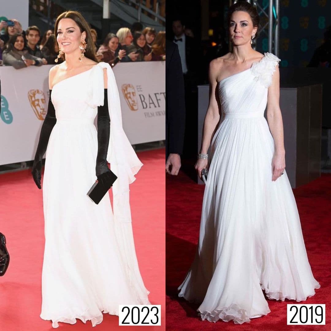 凱特王妃2019年也穿過同一件的禮服亮相BAFTA(右圖),這次在肩部細節上做改造(左圖)。(翻攝royalfashionpolice IG)