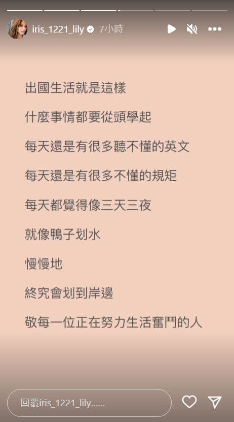 艾莉絲發表出國生活甘苦談。(翻攝愛莉絲IG)