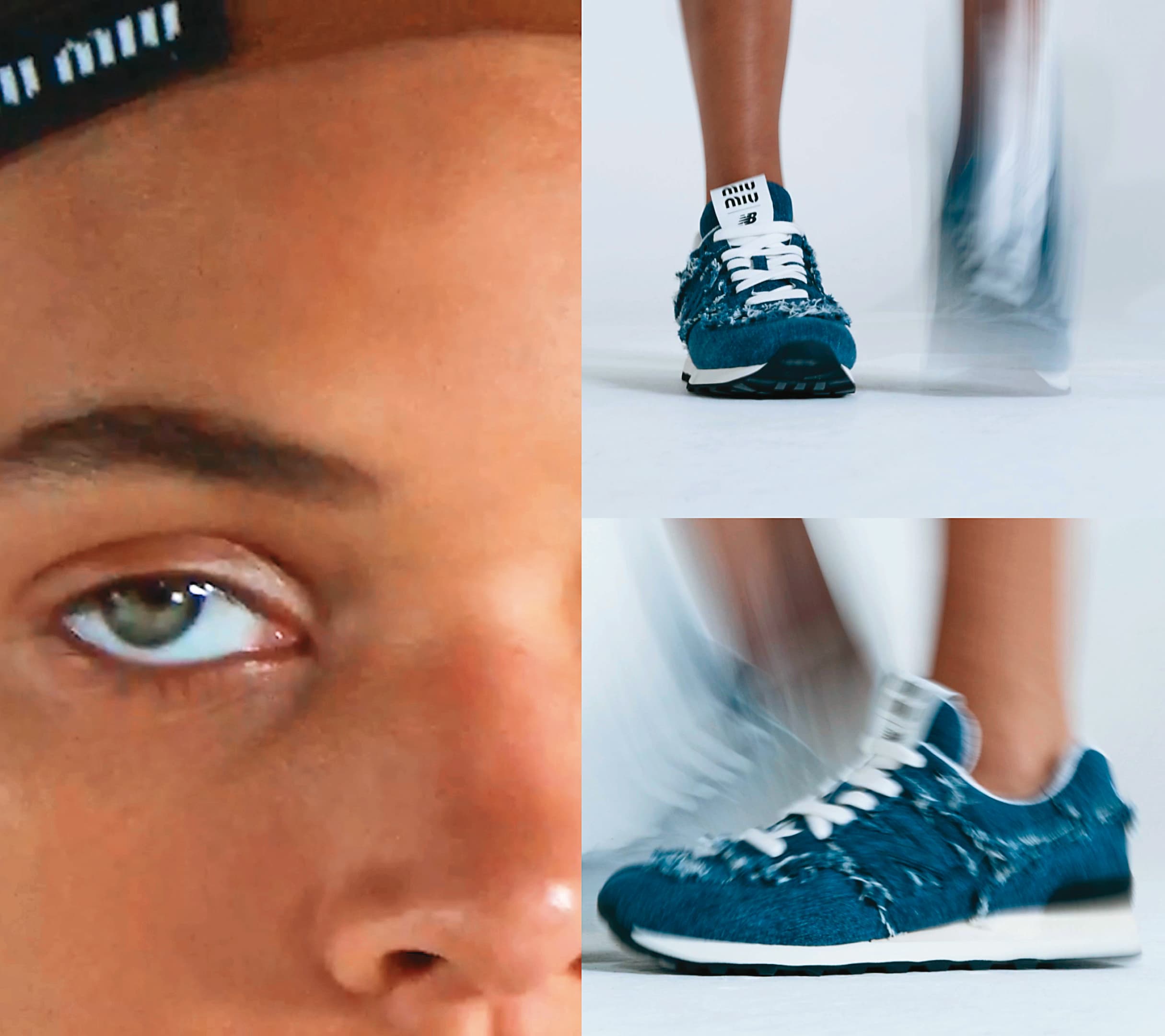 由明星模特兒Kayla Dunlap詮釋的New Balance x MIU MIU聯名系列鞋款。丹寧布運動鞋NT$32,000。(MIU MIU提供)