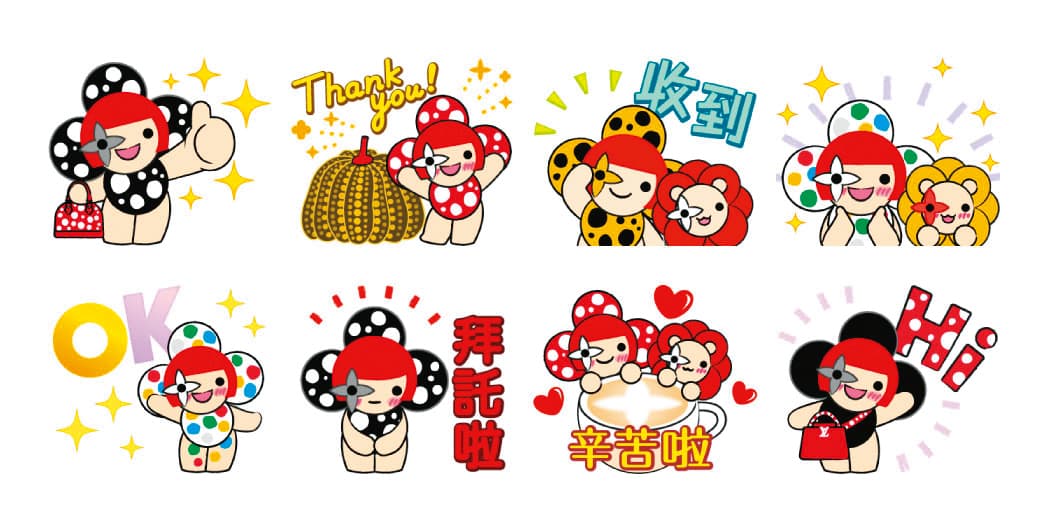 路易威登x草間彌生限定貼圖,品牌吉祥玩偶Vivienne以紅色齊瀏海短髮造型現身。(路易威登提供)
