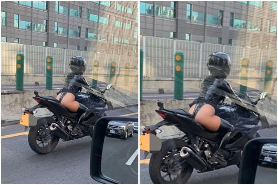 一名重機正妹穿的超火辣,在車陣當中,顯得相當亮眼。(翻攝自重機車友 ❘ 各區路況天氣、資訊分享中心臉書)