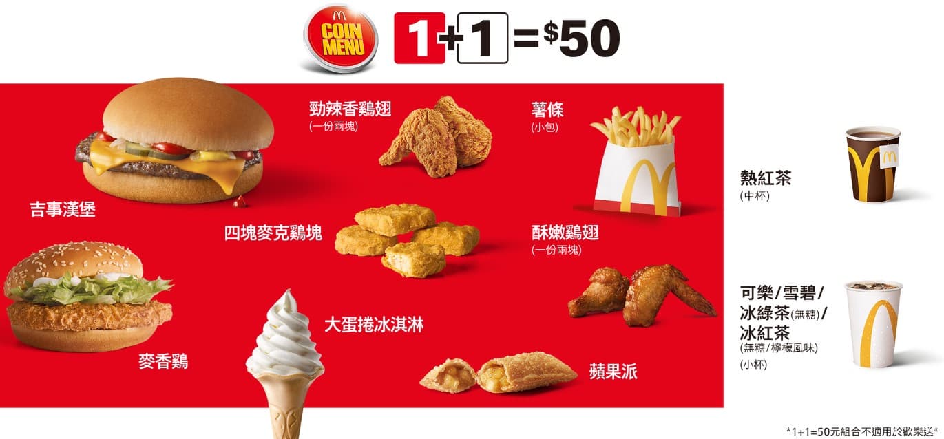 不少網友認為,「1+1星級點」的出現,暗示「1+1=$50」的優惠即將走入歷史。(翻攝自麥當勞官網)