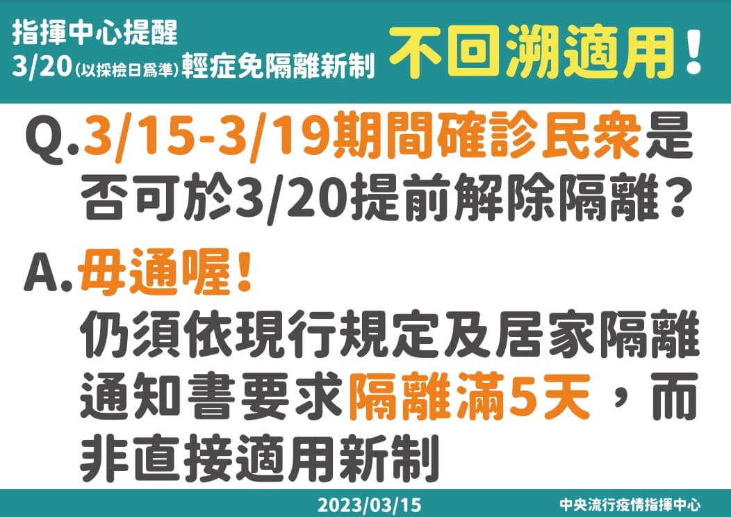 19日以前快篩陽性也都得按照舊制隔離、請假及請領保險。（指揮中心提供）