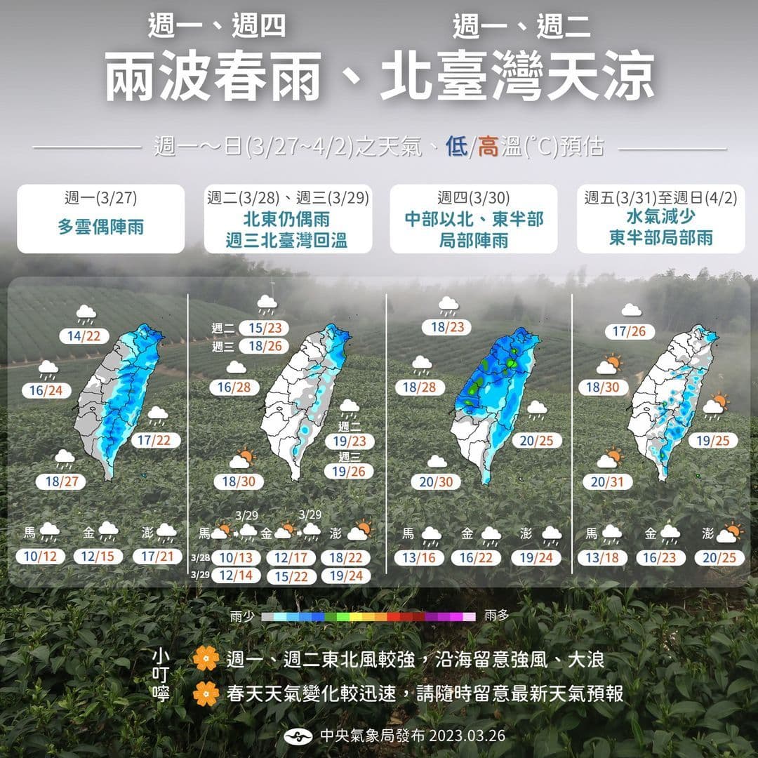 本週天氣預報圖。(翻攝自氣象局)