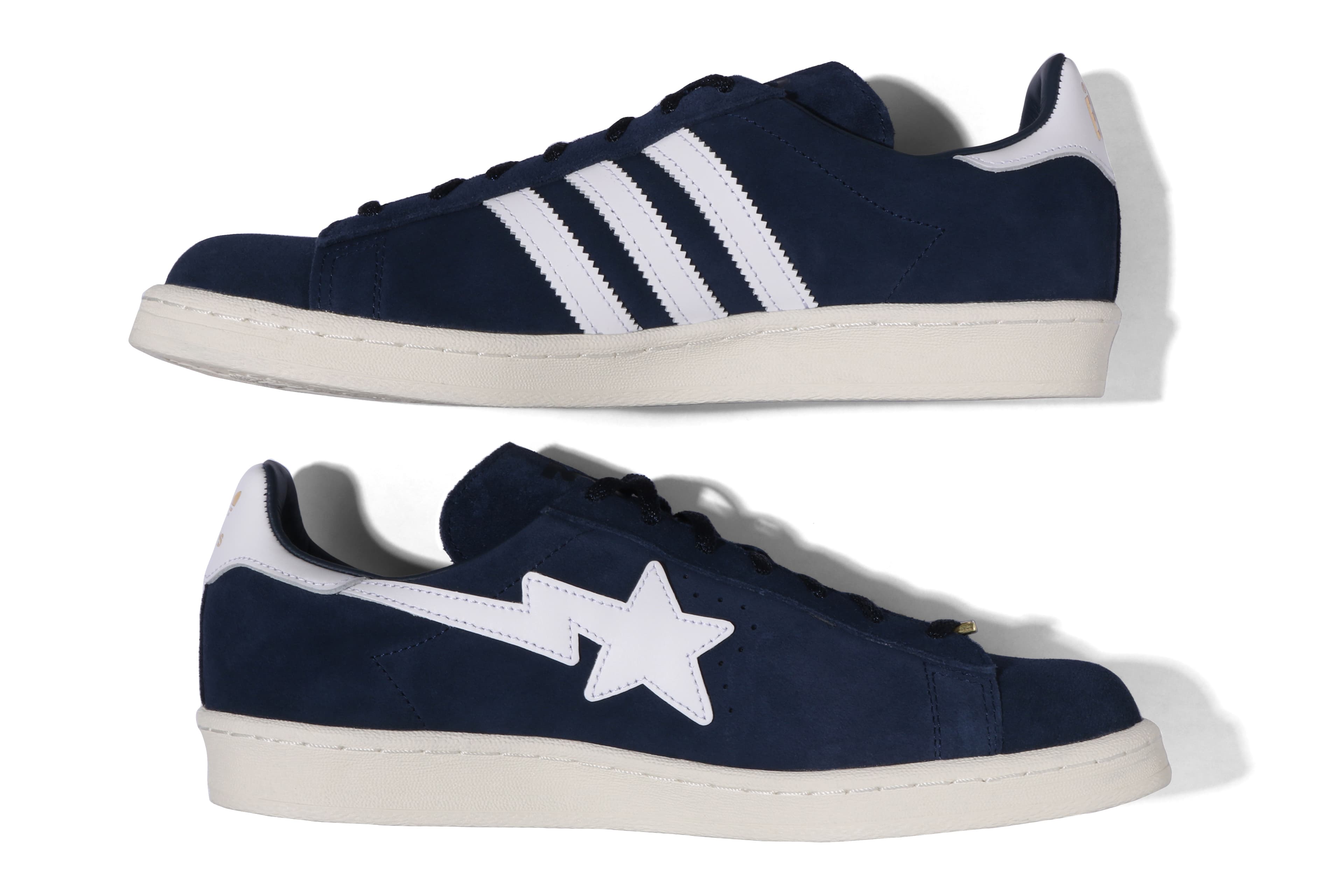 BAPE × adidas Originals CAMPUS 80S聯乘系列兩隻鞋子有各自的招牌元素。(I.T Taiwan提供)