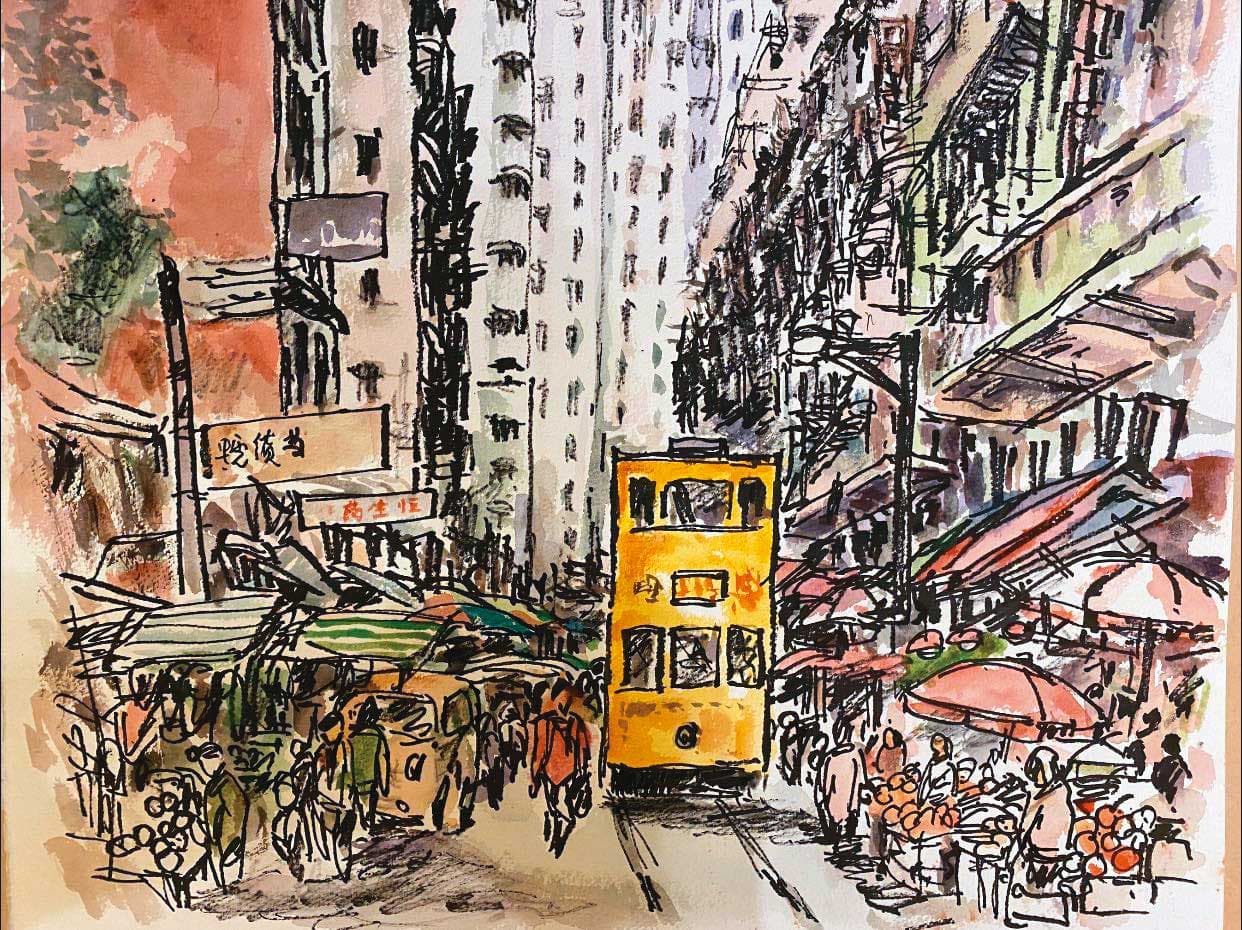 陶傑的寫生作品。離港前夕他在臉書貼上這張北角街市的寫生,並寫下:「許多年來在香港寫生無數,要以這幾張心情最複雜。」(翻攝陶傑臉書)