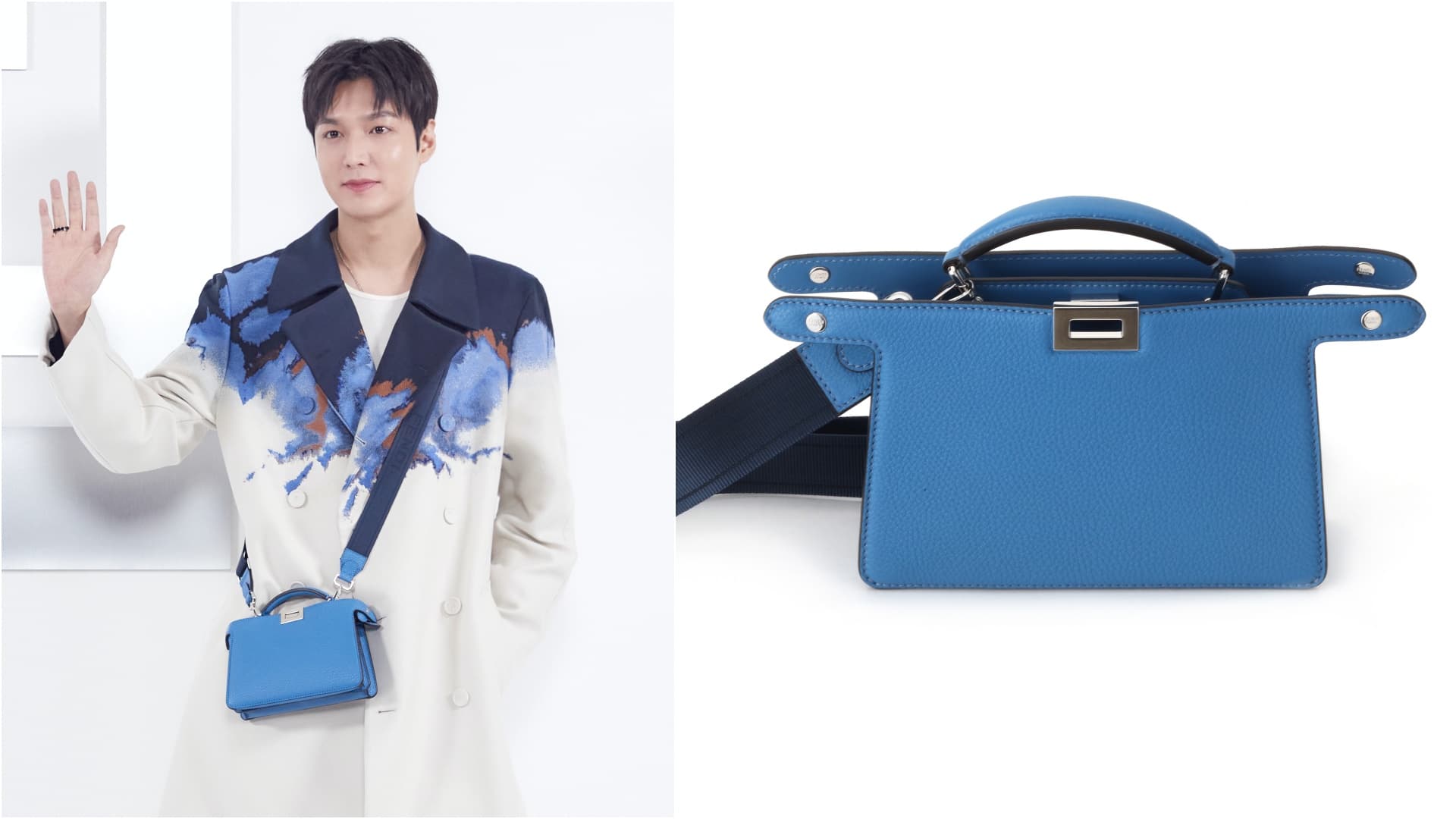 李敏鎬身上背著藍色Peekaboo ISeeU XCross。NT$112,000(FENDI提供)