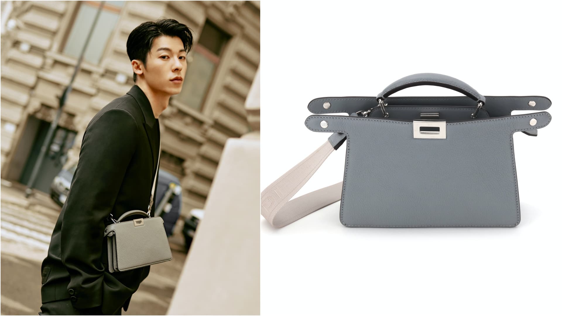 許光漢以黑色西裝搭配瀝青灰色Peekaboo ISeeU XCross。NT$112,000(FENDI提供)