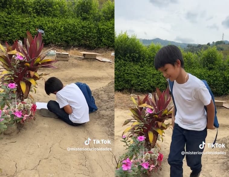 西班牙男童因思念亡母,常放學順道前往母親墓前探視,並寫作業陪伴母親。(翻攝抖音@misteriocuriosidades)