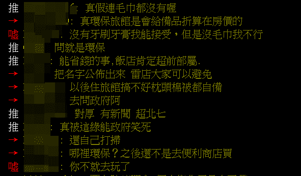 飯店不提供一次性備品,大批網友紛紛表達意見。(翻攝自PTT)