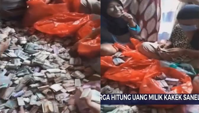 家人得知老人床底下藏了大筆私房錢後一起開心清點成堆鈔票。(翻攝推特@SeputariNews)