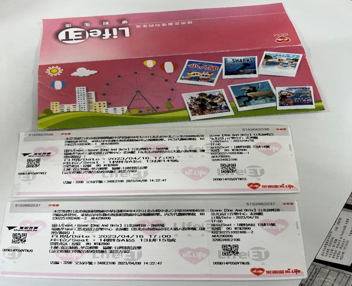 民眾拾獲2張價值新台幣5,600元的Ozone演唱會門票。(內湖分局提供)