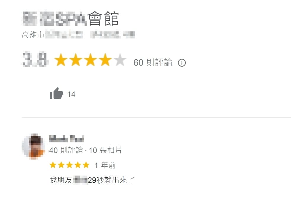 養生會館主打「平價消費,帝王享受」,獲得五星好評盛讚「我朋友29秒就射出來」。如今已被法官處分勒令停業。(翻攝Google評論)