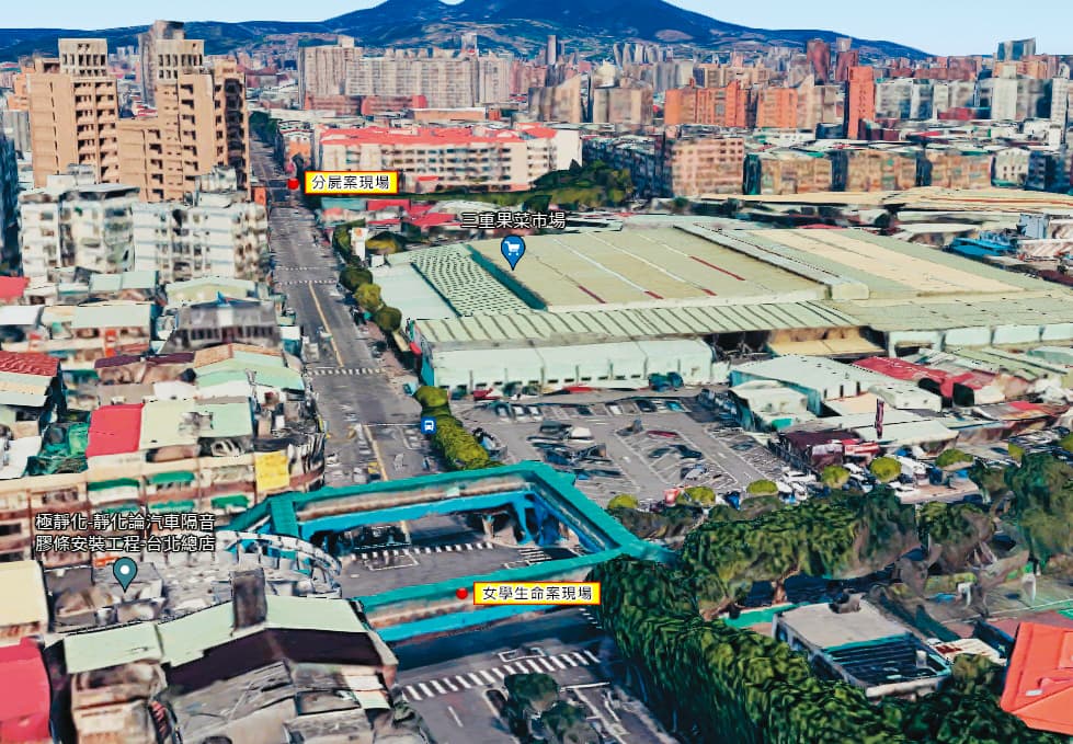 女學生刺頸案事發天橋與發生街友分屍案的校園工地,僅相距400公尺。(翻攝Google Maps)