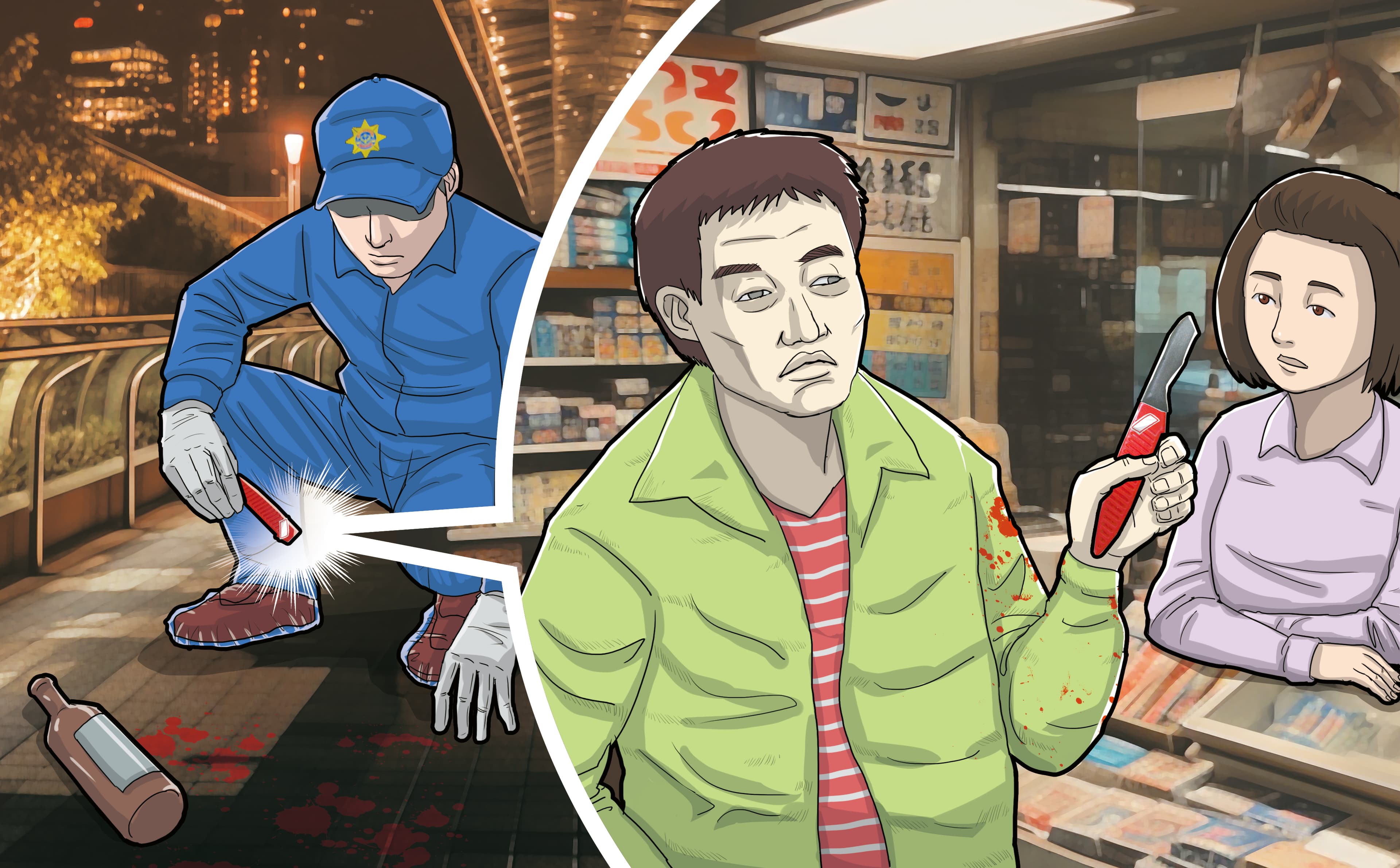 警方勘驗命案現場證物,循線找到雜貨店女店員,她供稱廖明德前往買刀時,衣服已沾染血跡。(示意畫面。AI繪圖Midjourney生成,本刊美術組後製)